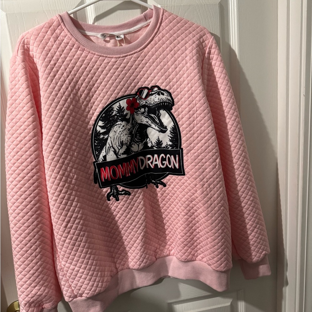 Pink Quilted Sweatshirt with Dinosaur Graphic